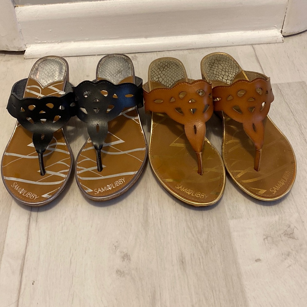 Two Pairs Sam & Libby Wedge Sandals Tan, Black VG Condition Size 8